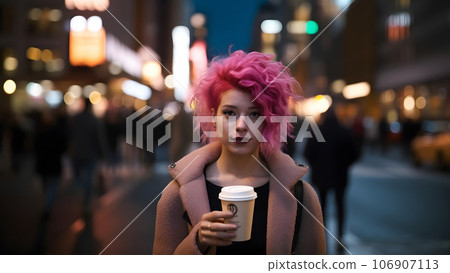 young beautiful pink-haired femine woman at night city street holding cardboard cup of coffee to go, neural network generated picture young beautiful pink-haired femine woman at night city street holding cardboard cup of coffee to go, neural network generated picture 106907113