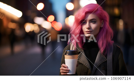 young beautiful pink-haired femine woman at night city street holding cardboard cup of coffee to go, neural network generated picture young beautiful pink-haired femine woman at night city street holding cardboard cup of coffee to go, neural network generated picture 106907114