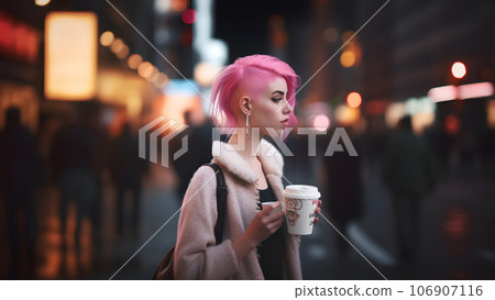 young beautiful pink-haired femine woman at night city street holding two cardboard cups of beverage to go, neural network generated picture young beautiful pink-haired femine woman at night city street holding two cardboard cups of beverage to go, neural network generated picture 106907116