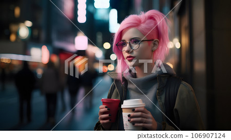 young beautiful pink-haired femine woman at night city street holding two cardboard cups of coffee, neural network generated picture young beautiful pink-haired femine woman at night city street holding two cardboard cups of coffee, neural network generated picture 106907124