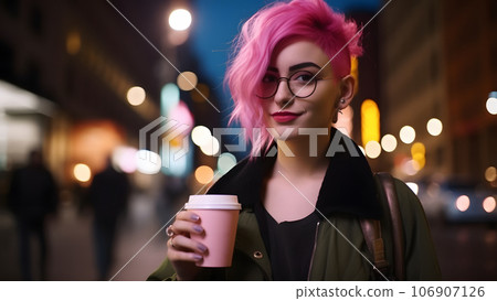 young beautiful pink-haired femine woman at night city street holding cardboard cup of coffee, neural network generated picture young beautiful pink-haired femine woman at night city street holding cardboard cup of coffee, neural network generated picture 106907126