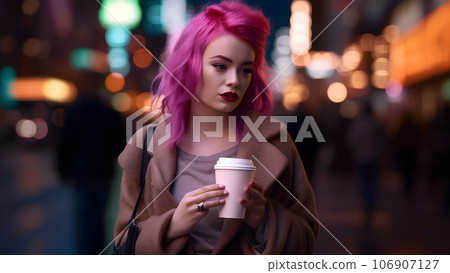 young beautiful pink-haired femine woman at night city street holding cardboard cup of coffee, neural network generated picture young beautiful pink-haired femine woman at night city street holding cardboard cup of coffee, neural network generated picture 106907127