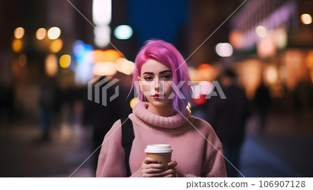 young beautiful pink-haired femine woman at night city street holding cardboard cup of coffee, neural network generated picture young beautiful pink-haired femine woman at night city street holding cardboard cup of coffee, neural network generated picture 106907128