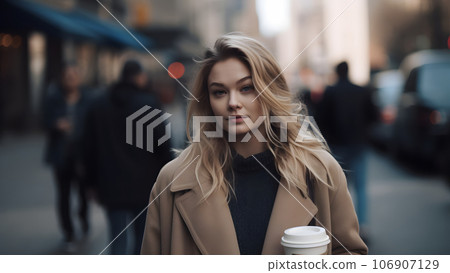 young beautiful blonde femine woman at daytime city street holding paper cup of coffee, neural network generated picture young beautiful blonde femine woman at daytime city street holding paper cup of coffee, neural network generated picture 106907129