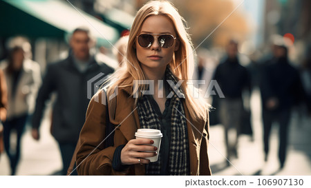 young beautiful blonde femine woman in sunglasses at daytime city street holding cardboard cup of coffee, neural network generated picture young beautiful blonde femine woman in sunglasses at daytime city street holding cardboard cup of coffee, neural network generated picture 106907130