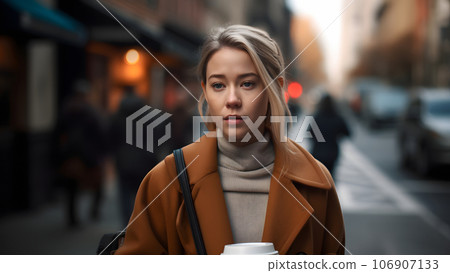 young beautiful blonde femine woman at daytime city street holding cardboard cup of coffee, neural network generated picture young beautiful blonde femine woman at daytime city street holding cardboard cup of coffee, neural network generated picture 106907133