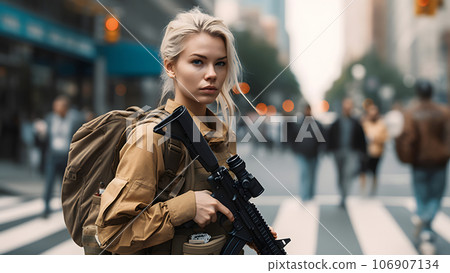 young beautiful blonde femine woman at daytime city street holding M4 assault rifle, neural network generated picture young beautiful blonde femine woman at daytime city street holding M4 assault rifle, neural network generated picture 106907134