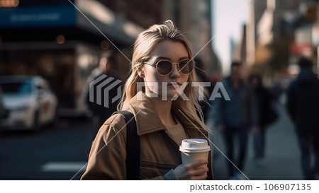 young beautiful blonde femine woman in sunglasses at daytime city street holding cardboard cup of coffee, neural network generated picture young beautiful blonde femine woman in sunglasses at daytime city street holding cardboard cup of coffee, neural network generated picture 106907135