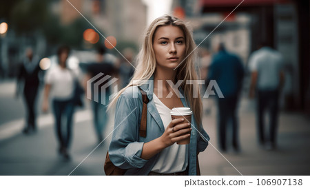 young beautiful blonde femine woman at daytime city street holding cardboard cup of coffee, neural network generated picture young beautiful blonde femine woman at daytime city street holding cardboard cup of coffee, neural network generated picture 106907138