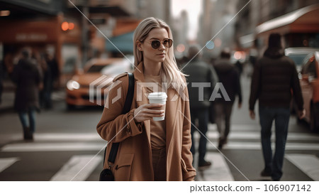 young beautiful blonde femine woman in sunglasses at daytime city street holding cardboard cup of coffee, neural network generated picture young beautiful blonde femine woman in sunglasses at daytime city street holding cardboard cup of coffee, neural network generated picture 106907142