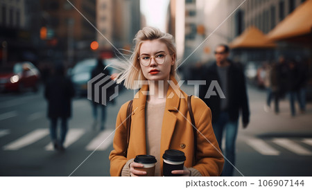 young beautiful blonde femine woman at daytime city street holding two cardboard cups of coffee, neural network generated picture 106907144