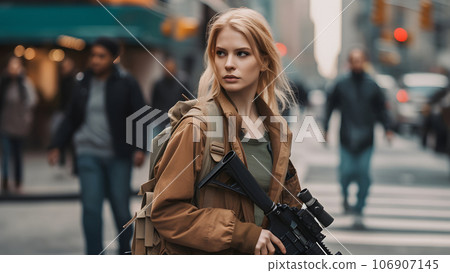 young beautiful blonde femine woman at daytime city street holding M4 assault rifle, neural network generated picture young beautiful blonde femine woman at daytime city street holding M4 assault rifle, neural network generated picture 106907145