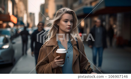 young beautiful blonde femine woman at daytime city street holding cardboard cup of coffee, neural network generated picture young beautiful blonde femine woman at daytime city street holding cardboard cup of coffee, neural network generated picture 106907146