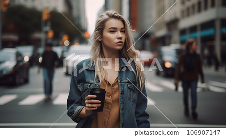 young beautiful blonde femine woman at daytime city street holding cardboard cup of coffee, neural network generated picture young beautiful blonde femine woman at daytime city street holding cardboard cup of coffee, neural network generated picture 106907147