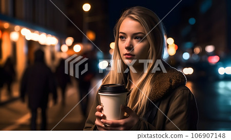 young beautiful blonde femine woman at night city street holding cardboard cup of coffee, neural network generated picture young beautiful blonde femine woman at night city street holding cardboard cup of coffee, neural network generated picture 106907148