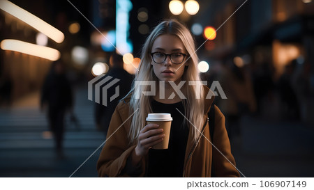 young beautiful blonde femine woman at night city street holding cardboard cup of coffee, neural network generated picture young beautiful blonde femine woman at night city street holding cardboard cup of coffee, neural network generated picture 106907149