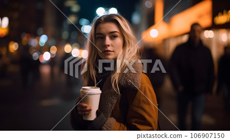 young beautiful blonde femine woman at night city street holding cardboard cup of coffee, neural network generated picture young beautiful blonde femine woman at night city street holding cardboard cup of coffee, neural network generated picture 106907150