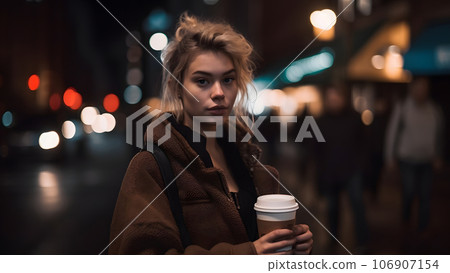 young beautiful blonde femine woman at night city street holding cardboard cup of coffee, neural network generated picture young beautiful blonde femine woman at night city street holding cardboard cup of coffee, neural network generated picture 106907154