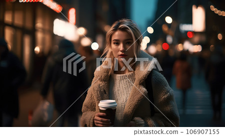 young beautiful blonde femine woman at night city street holding cardboard cup of coffee, neural network generated picture young beautiful blonde femine woman at night city street holding cardboard cup of coffee, neural network generated picture 106907155