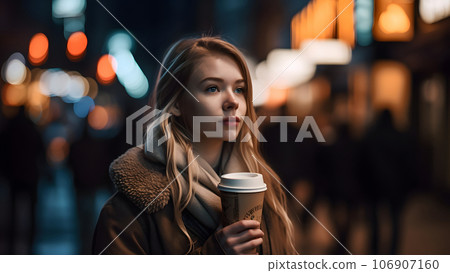 young beautiful blonde femine woman at night city street holding cardboard cup of coffee, neural network generated picture young beautiful blonde femine woman at night city street holding cardboard cup of coffee, neural network generated picture 106907160