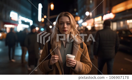 young beautiful blonde femine woman at night city street holding cardboard cup of coffee, neural network generated picture young beautiful blonde femine woman at night city street holding cardboard cup of coffee, neural network generated picture 106907178
