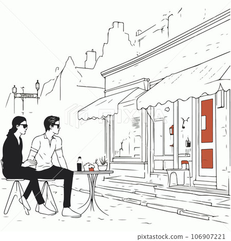 Stylish Young couple having lunch while sitting together at home on the city street. Concept of leisure time, travel and lifestyle Stylish Young couple having lunch while sitting together at home on the city street. Concept of leisure time, travel and lifestyle 106907221