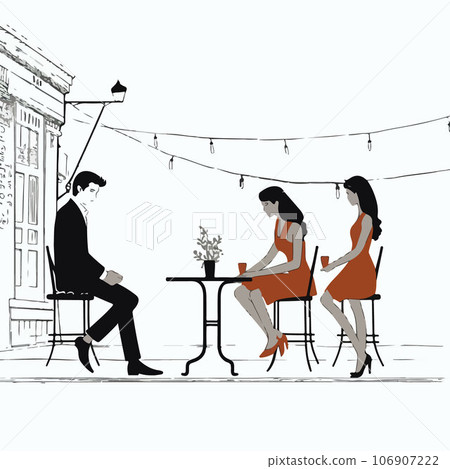 Stylish Young couple having lunch while sitting together at home on the city street. Concept of leisure time, travel and lifestyle Stylish Young couple having lunch while sitting together at home on the city street. Concept of leisure time, travel and lifestyle 106907222
