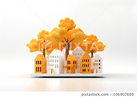 Friendly cork houses and cityscape/autumn leaves (3D pictograph) 106907680