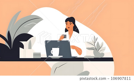Flat 2d style illustration of successful businesswoman working at table and drinking from a cup, neural network generated picture 106907811