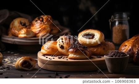 Freshly baked sweet croissant puff pastry buns with chocolate on wooden board, neural network generated image 106908363