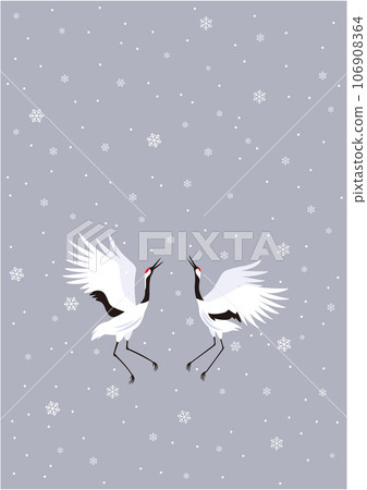 Illustration of a courtship dance between a snowflake and a pair of red-crowned cranes (vertical type) 106908364