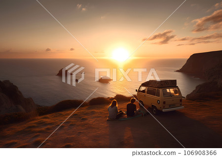 young couple sits on a hill above the sea next to their travel minivan vehicle at sunset, neural network generated picture young couple sits on a hill above the sea next to their travel minivan vehicle at sunset, neural network generated picture 106908366