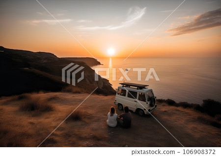 young couple sits on a hill above the sea next to their travel minivan vehicle at sunset, neural network generated picture 106908372