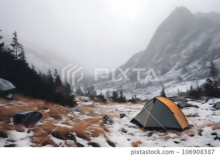tourist tent camp at snow covered foggy highlands, neural network generated picture 106908387