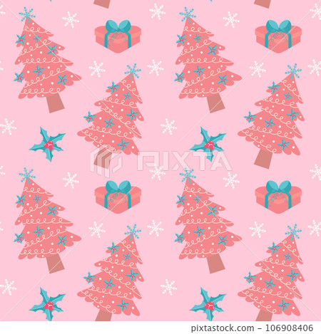 Pink christmas tree, gift, holly berry leaves and snowflakes seamless pattern. Pink christmas tree, gift, holly berry leaves and snowflakes seamless pattern. 106908406