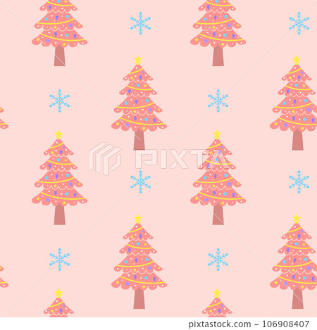 Pink christmas tree and snowflakes seamless pattern. Pink christmas tree and snowflakes seamless pattern. 106908407