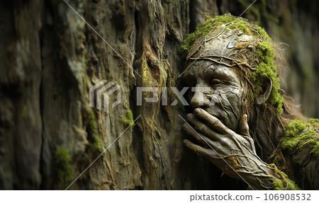 person developed as plant in forest. Fantasy embracing nature.Environmental technology concept. Sustainable development goals. SDGs. 106908532