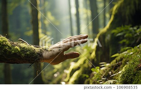 person developed as plant in forest. Fantasy embracing nature.Environmental technology concept. Sustainable development goals. SDGs. 106908535