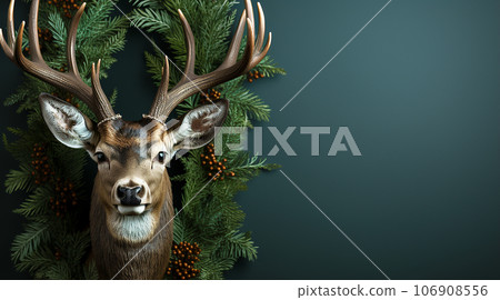 Christmas decoration gold and green, decorative deer with gold baubles.Merry Christmas, Stylish christmas border with festive decorations,fir branches on green background. Christmas flat lay, seasons 106908556
