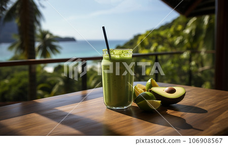Avacado green smoothie on tropical location with ocean view.Green detox smoothie from avocado and baby spinach in a tall glass on wooden table in Bali. Holiday summer location. Healthy vegan breakfast 106908567
