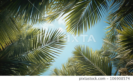 Tropical palm leaves frame in blue sky.Palm sunday concept: Leaves frame of coconut branches with cloudy blue sky background summer Holiday concept. Template vacation and travel,tourism Tropical palm leaves frame in blue sky.Palm sunday concept: Leaves frame of coconut branches with cloudy blue sky background summer Holiday concept. Template vacation and travel,tourism 106908574