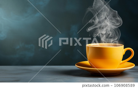Steaming cup of hot coffee against pastel blue background. Bright retro colors with copy space. Delicious fresh coffee with smoke in yellow mug. Cup of coffee in the morning concept. Minimalism Steaming cup of hot coffee against pastel blue background. Bright retro colors with copy space. Delicious fresh coffee with smoke in yellow mug. Cup of coffee in the morning concept. Minimalism 106908589
