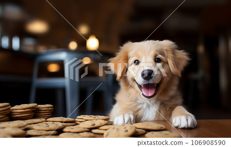 Funny cute little puppy standing by a wooden table with pile of dog biscuit treats. Happy portrait of dog with dog cookies and copy space Funny cute little puppy standing by a wooden table with pile of dog biscuit treats. Happy portrait of dog with dog cookies and copy space 106908590