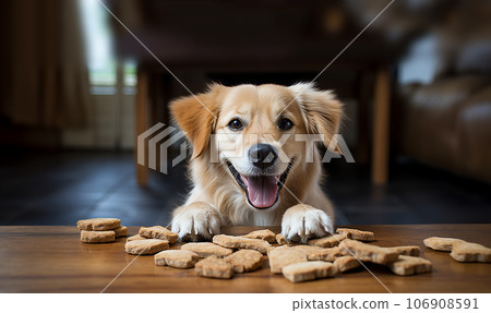 Funny cute little puppy standing by a wooden table with pile of dog biscuit treats. Happy portrait of dog with dog cookies and copy space 106908591
