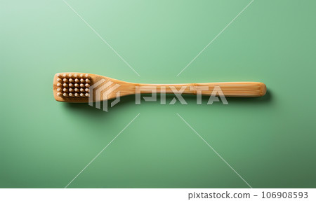 Eco-friendly bamboo toothbrushes and eucalyptus leaf on green background. Natural organic bathroom beauty product concept. Flat lay, top view, copy space. Natural bamboo toothbrush green background 106908593