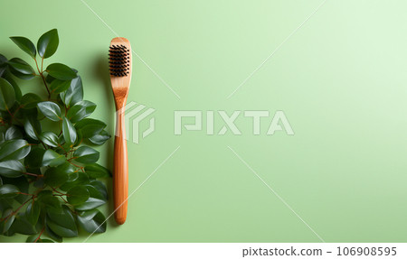 Eco-friendly bamboo toothbrushes and eucalyptus leaf on green background. Natural organic bathroom beauty product concept. Flat lay, top view, copy space. Natural bamboo toothbrush green background Eco-friendly bamboo toothbrushes and eucalyptus leaf on green background. Natural organic bathroom beauty product concept. Flat lay, top view, copy space. Natural bamboo toothbrush green background 106908595