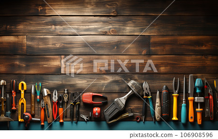 Different construction tools with Hand tools for home renovation on wooden board maintenance and reparing concept. Handyman tool on wooden table copy space,rapair concept Different construction tools with Hand tools for home renovation on wooden board maintenance and reparing concept. Handyman tool on wooden table copy space,rapair concept 106908596