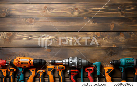 Different construction tools with Hand tools for home renovation on wooden board maintenance and reparing concept. Handyman tool on wooden table copy space,rapair concept 106908605