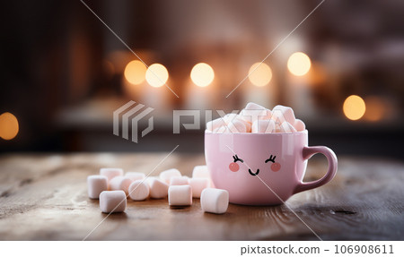 Super cute mug with smiley face and hot chocolate and marshmallows,Hot winter drink. Cup of hot chocolate with marshmallows Copy space, selective focus Super cute mug with smiley face and hot chocolate and marshmallows,Hot winter drink. Cup of hot chocolate with marshmallows Copy space, selective focus 106908611