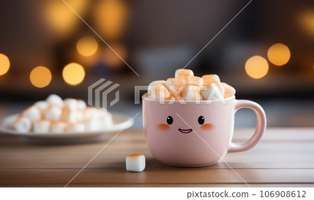 Super cute mug with smiley face and hot chocolate and marshmallows,Hot winter drink. Cup of hot chocolate with marshmallows Copy space, selective focus Super cute mug with smiley face and hot chocolate and marshmallows,Hot winter drink. Cup of hot chocolate with marshmallows Copy space, selective focus 106908612